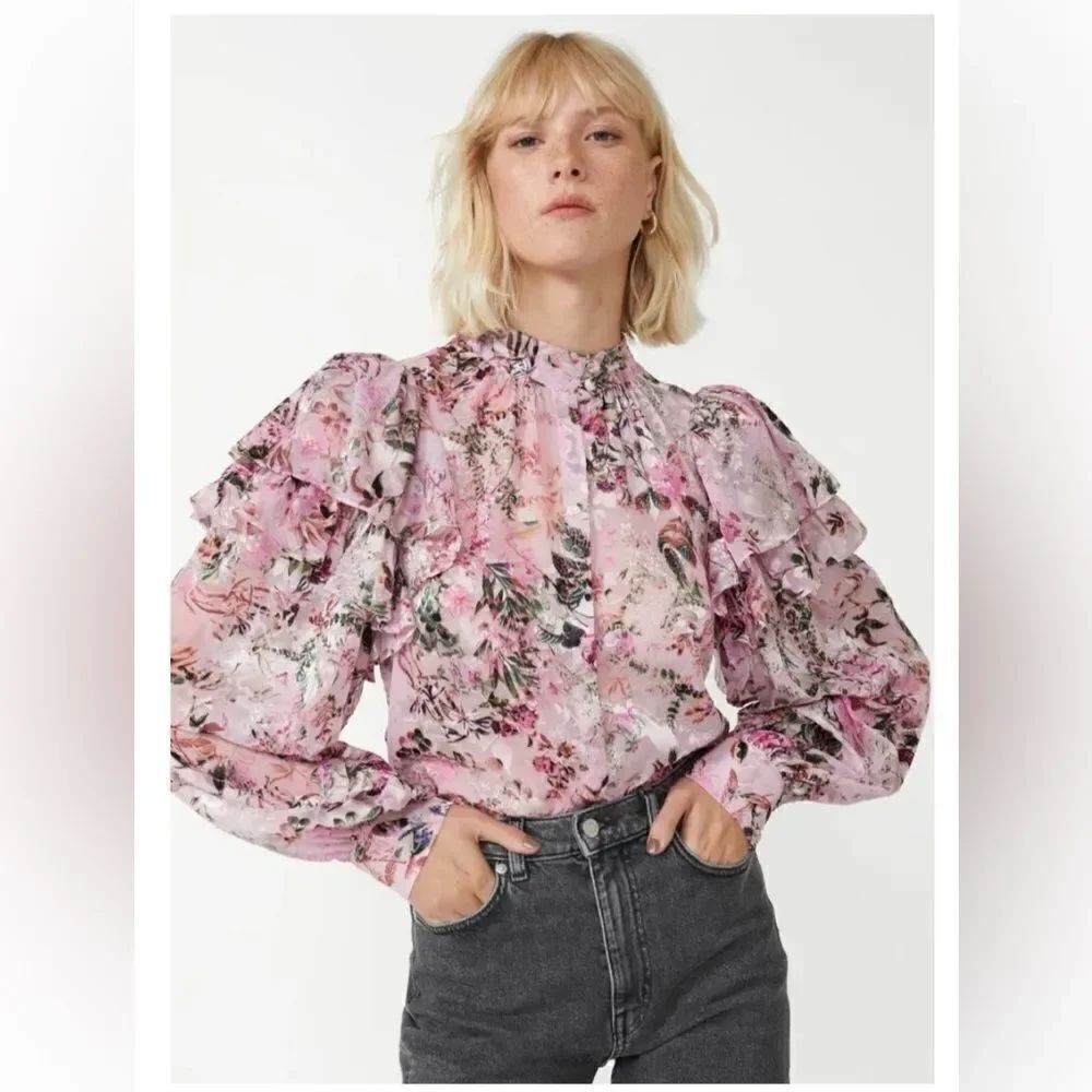 & OTHER STORIES Blouse women Size 0 Ruffled Pink Floral Mock Neck Long Sleeve